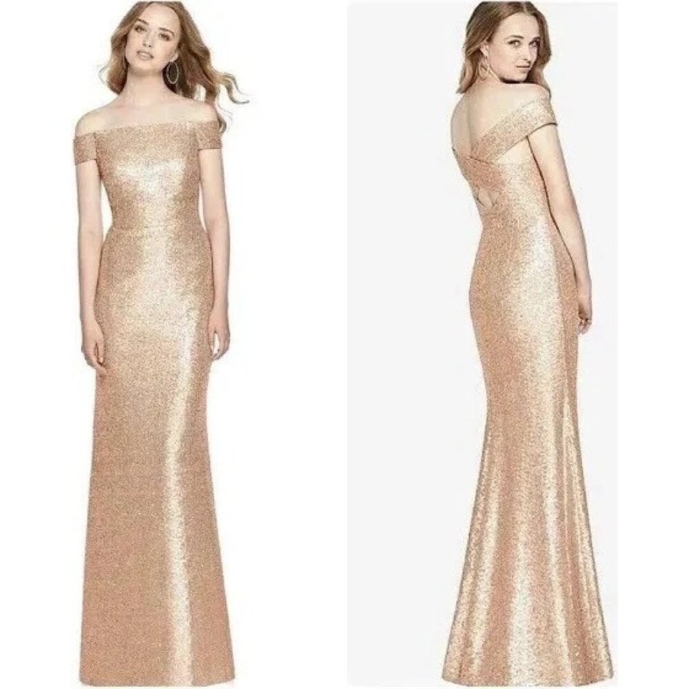 Dessy Collection Elle Sequin Rose Gold Off Shoulder Formal Party Gown 10 NEW